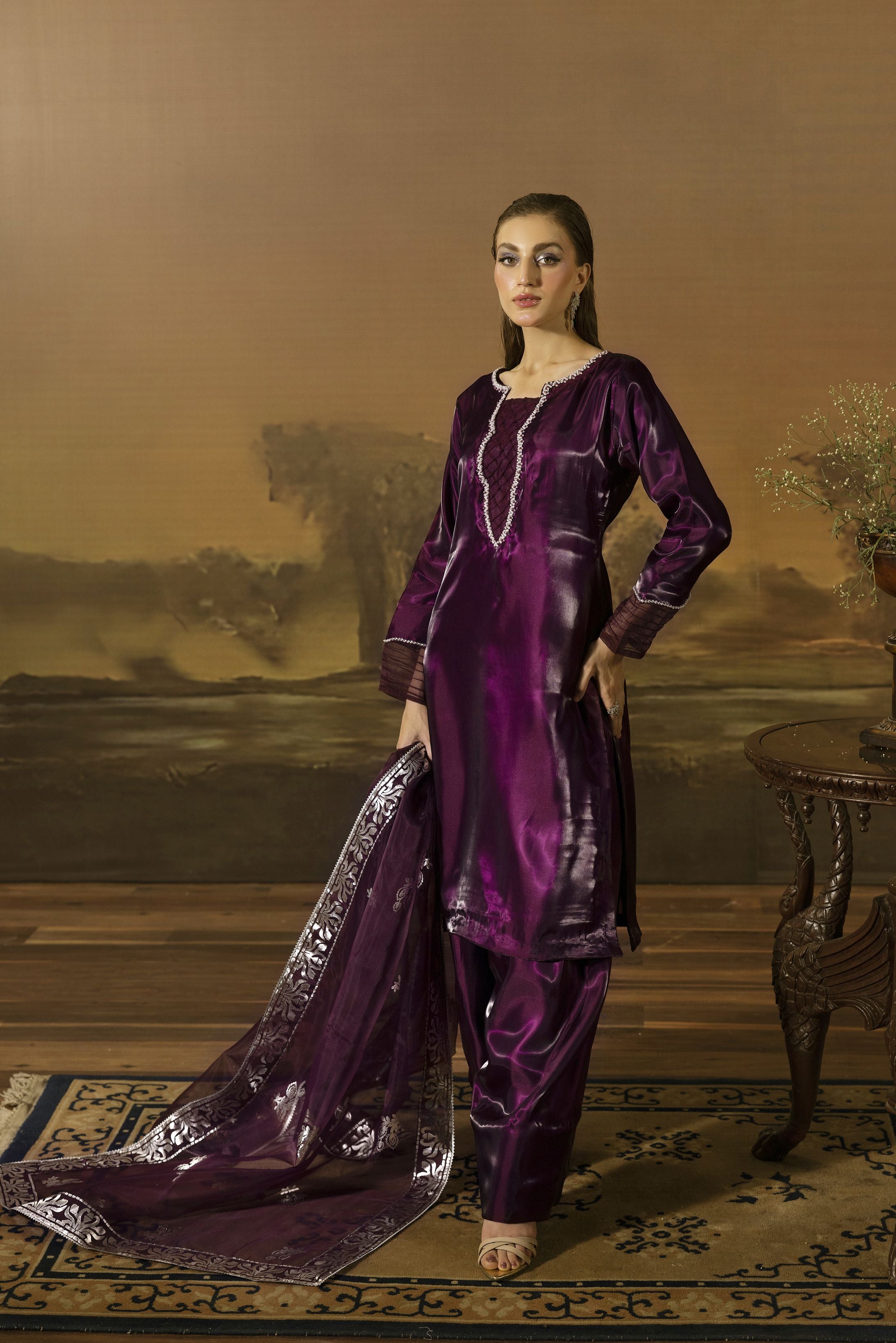 Deep Plum Embellished Silk Farshi Shalwar Set - Farshi Bahaar by Mona FBM3