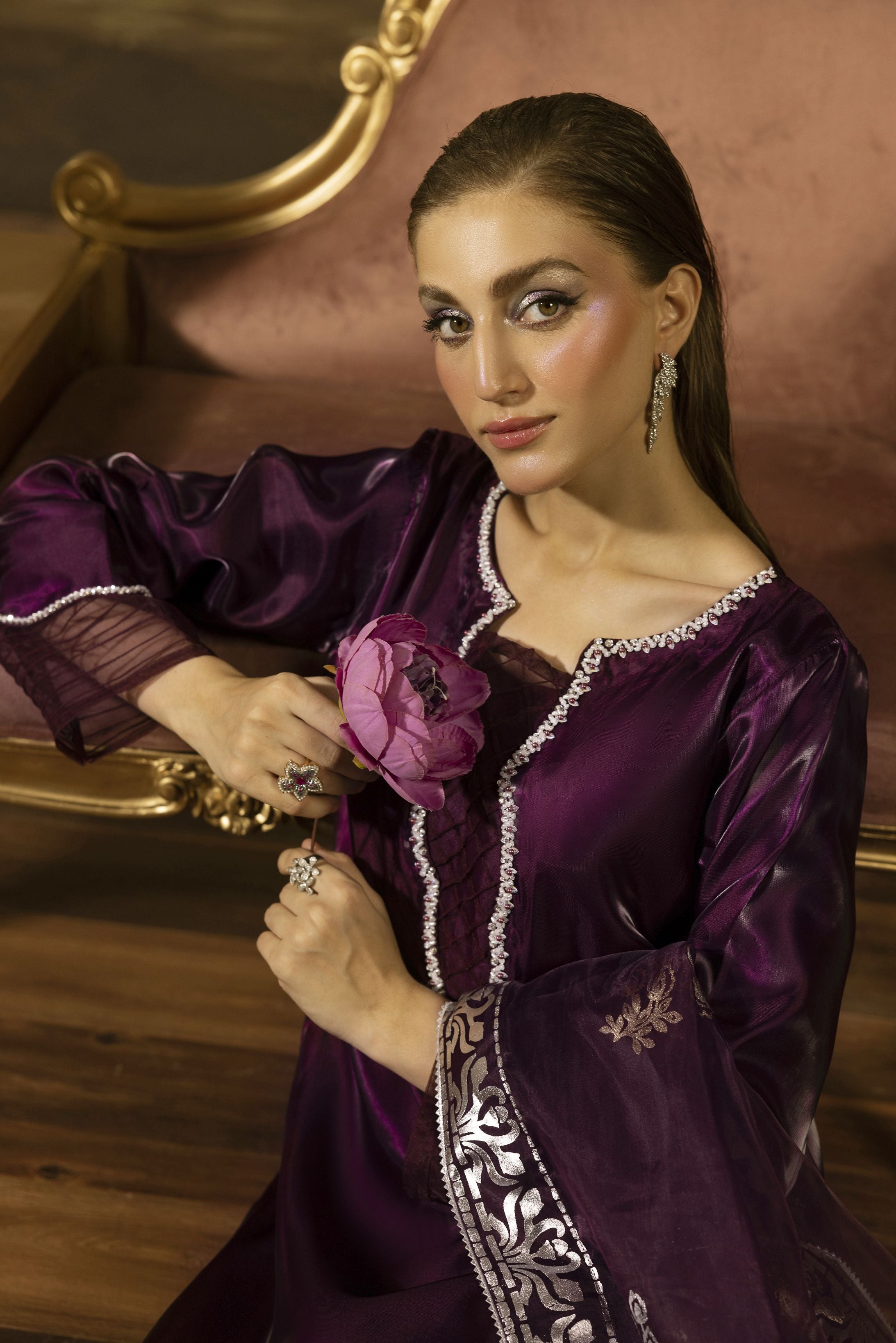 Deep Plum Embellished Silk Farshi Shalwar Set - Farshi Bahaar by Mona FBM3