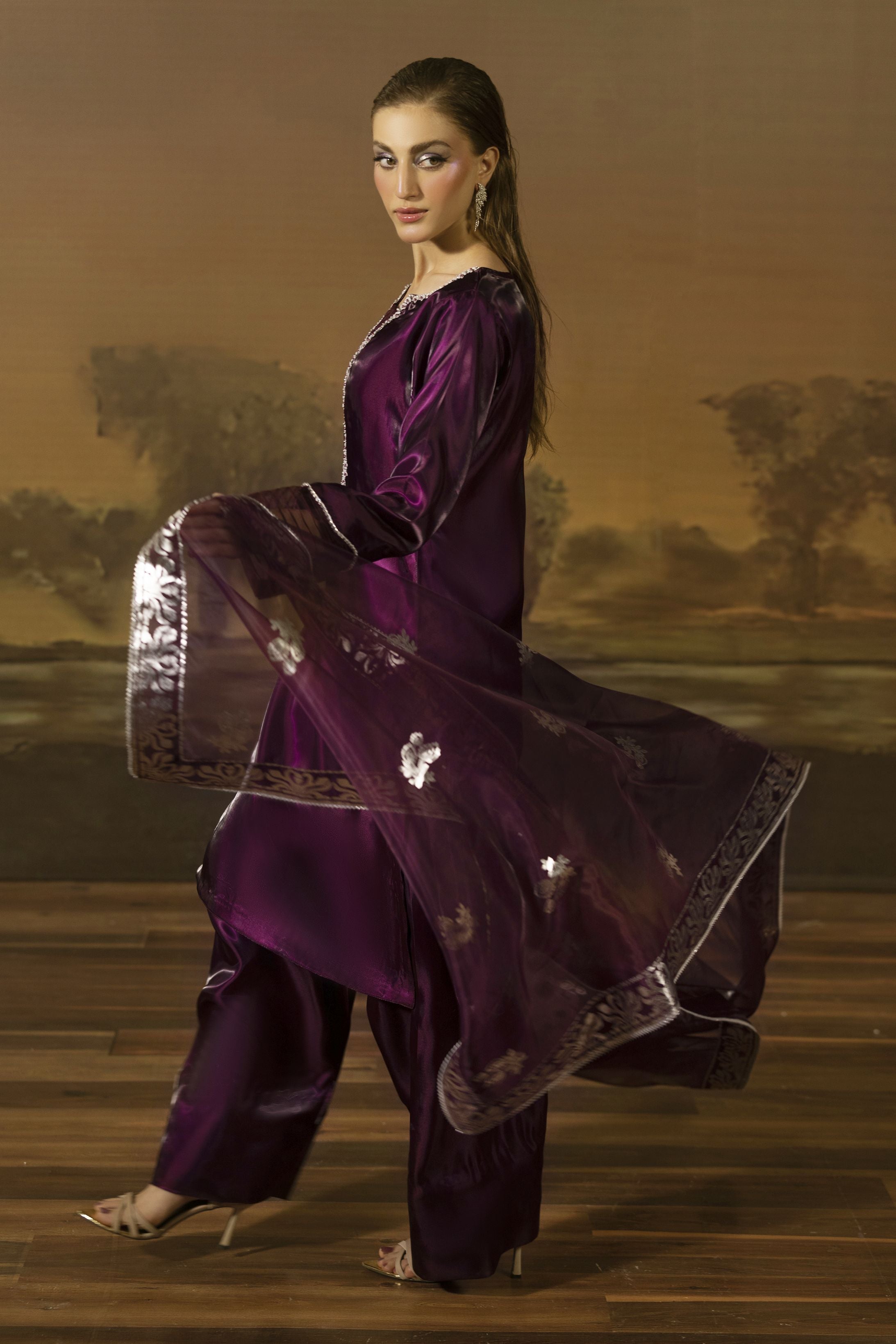 Deep Plum Embellished Silk Farshi Shalwar Set - Farshi Bahaar by Mona FBM3