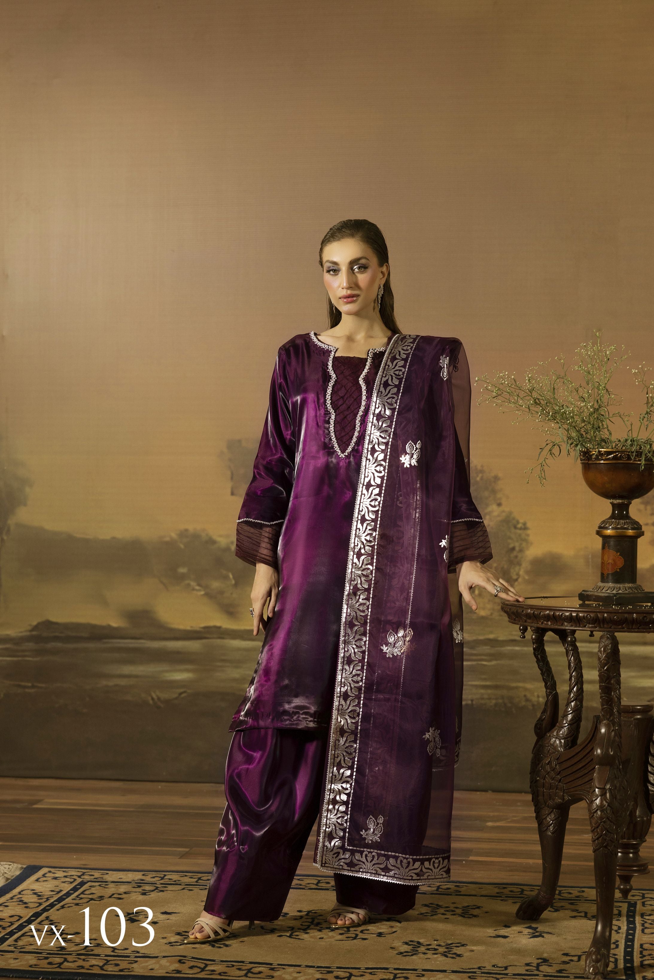 Deep Plum Embellished Silk Farshi Shalwar Set - Farshi Bahaar by Mona FBM3