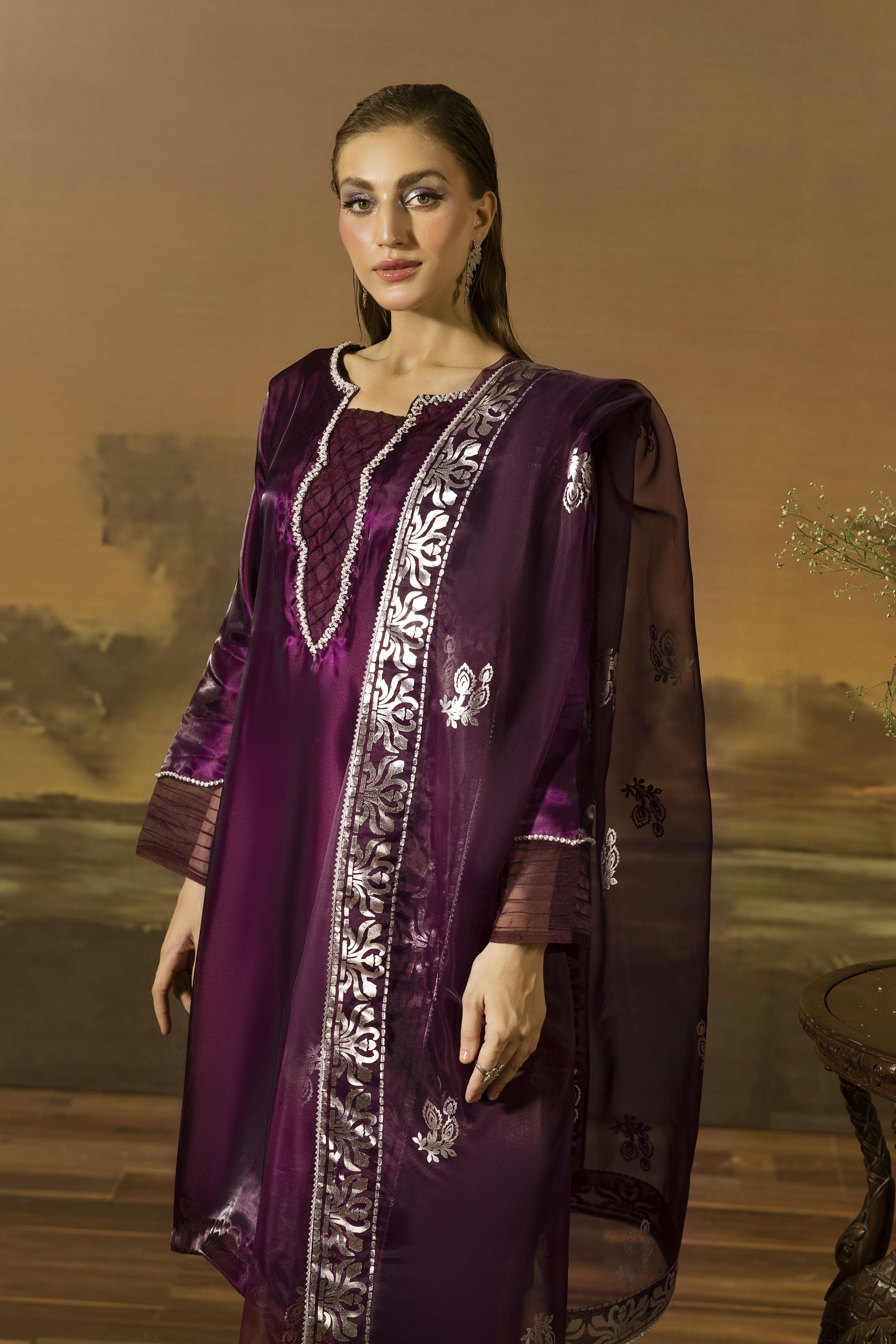 Deep Plum Embellished Silk Farshi Shalwar Set - Farshi Bahaar by Mona FBM3