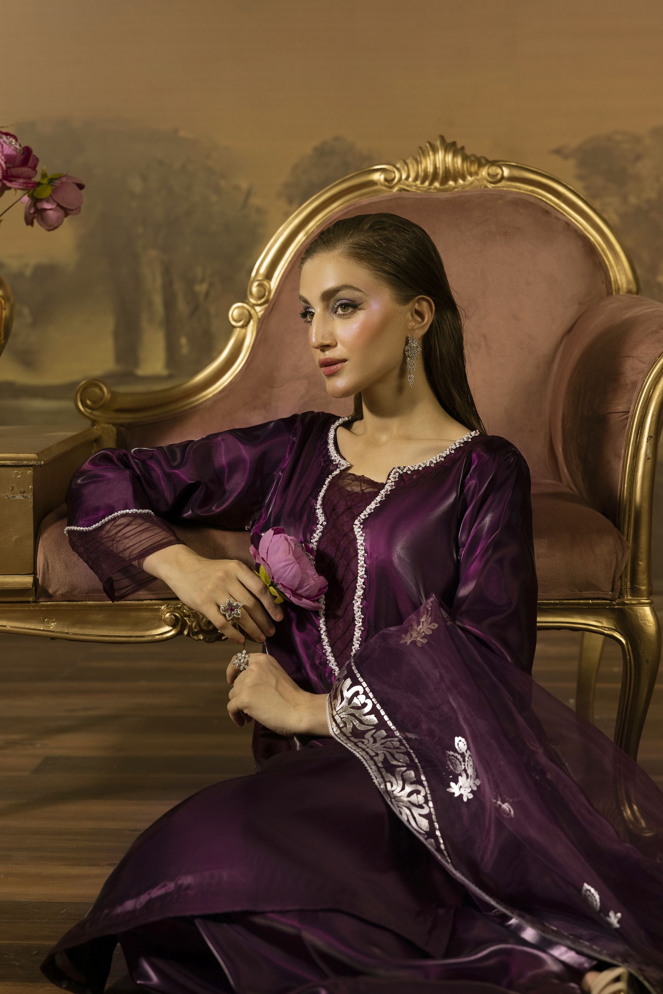Deep Plum Embellished Silk Farshi Shalwar Set - Farshi Bahaar by Mona FBM3