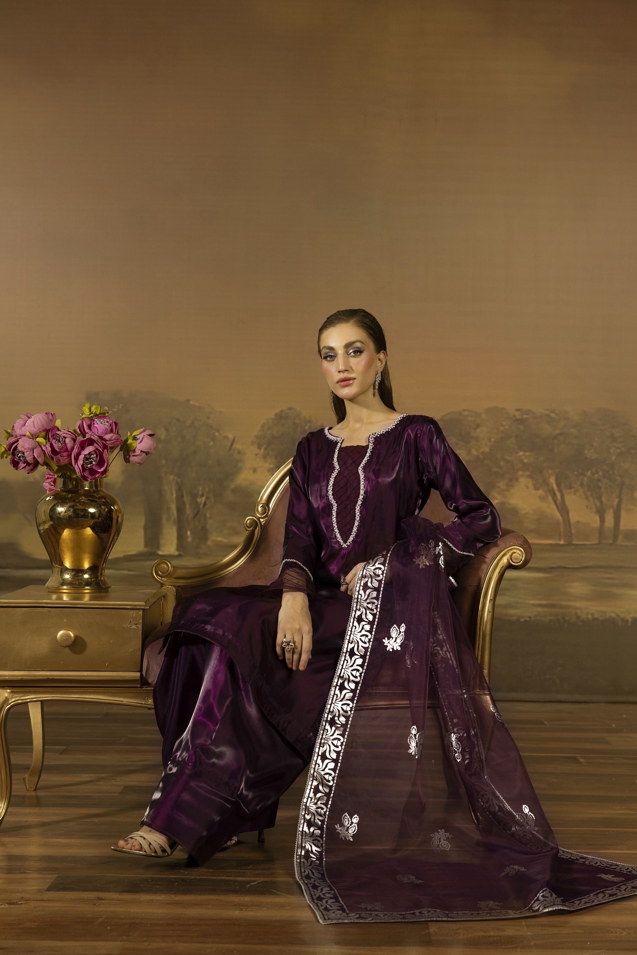 Deep Plum Embellished Silk Farshi Shalwar Set - Farshi Bahaar by Mona FBM3