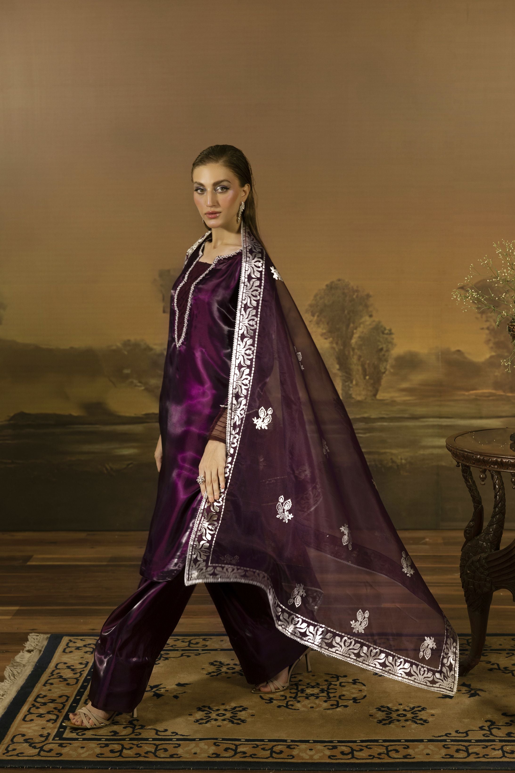 Deep Plum Embellished Silk Farshi Shalwar Set - Farshi Bahaar by Mona FBM3