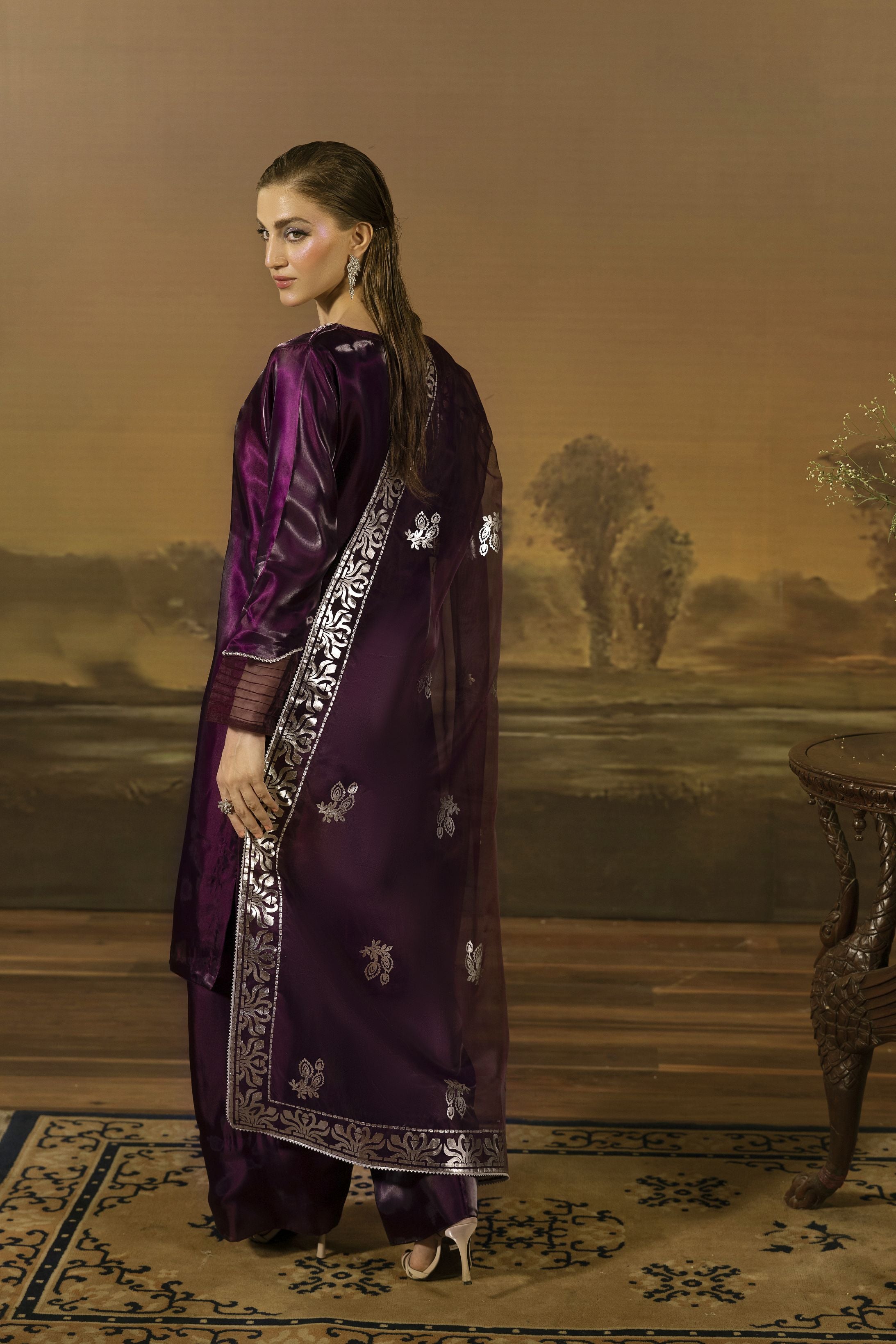 Deep Plum Embellished Silk Farshi Shalwar Set - Farshi Bahaar by Mona FBM3