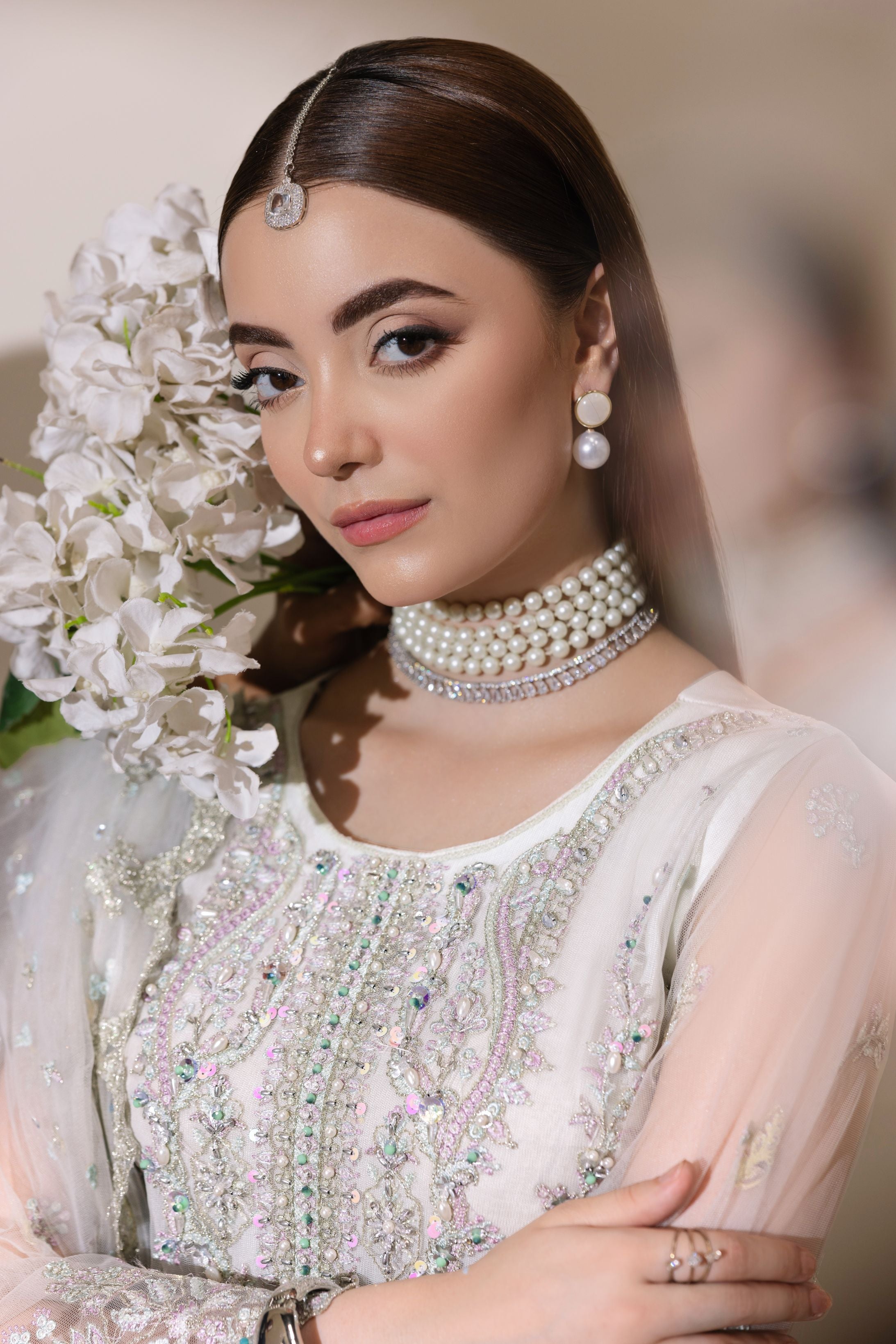 Ivory Embellished Net Shirt with Shararah & Dupatta | Rasm by Mona – MKR2