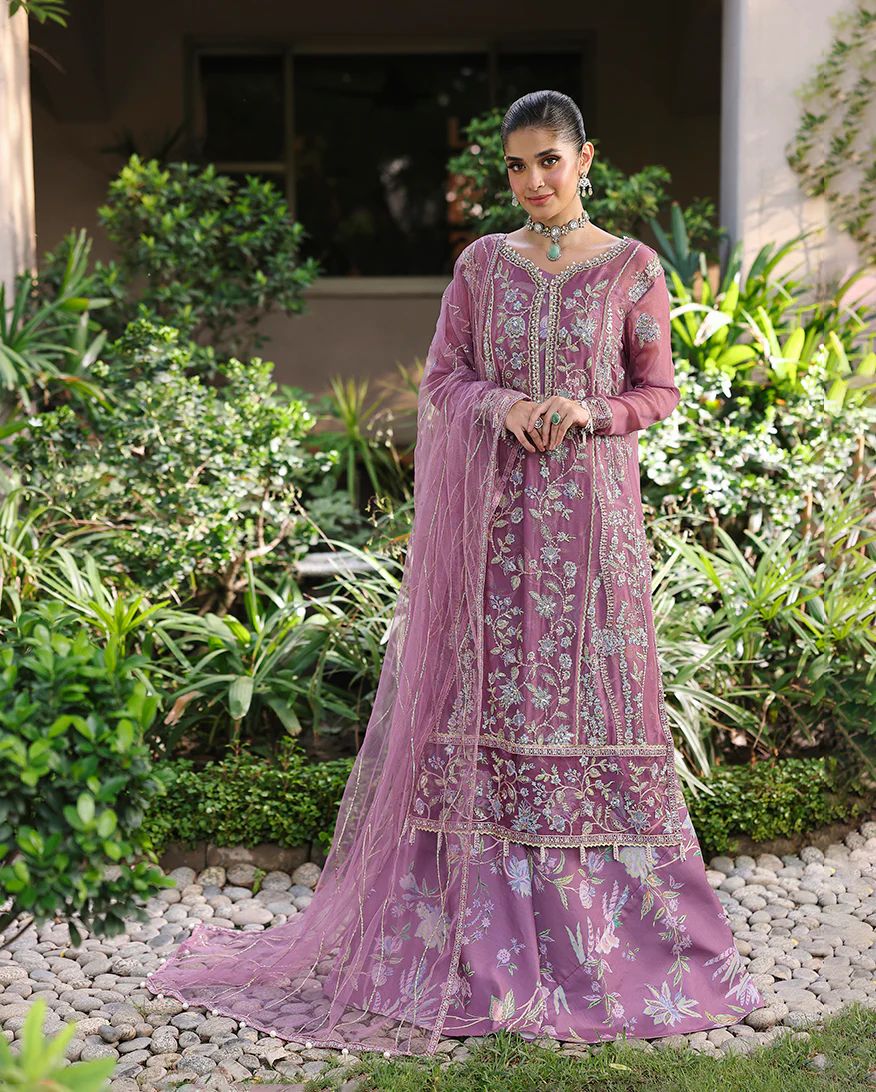 Arooj 3pc Embroidered Chiffon Suit with Net Dupatta & Printed Lehenga – Ready to Wear