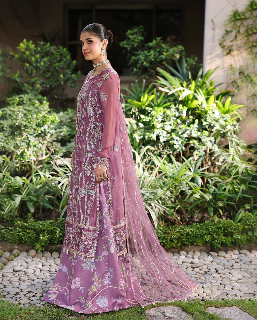Arooj 3pc Embroidered Chiffon Suit with Net Dupatta & Printed Lehenga – Ready to Wear