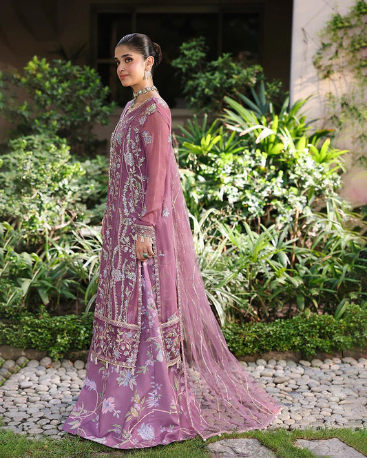 Arooj 3pc Embroidered Chiffon Suit with Net Dupatta & Printed Lehenga – Ready to Wear