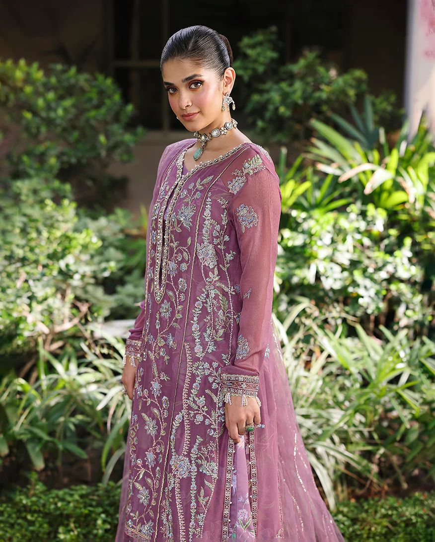 Arooj 3pc Embroidered Chiffon Suit with Net Dupatta & Printed Lehenga – Ready to Wear