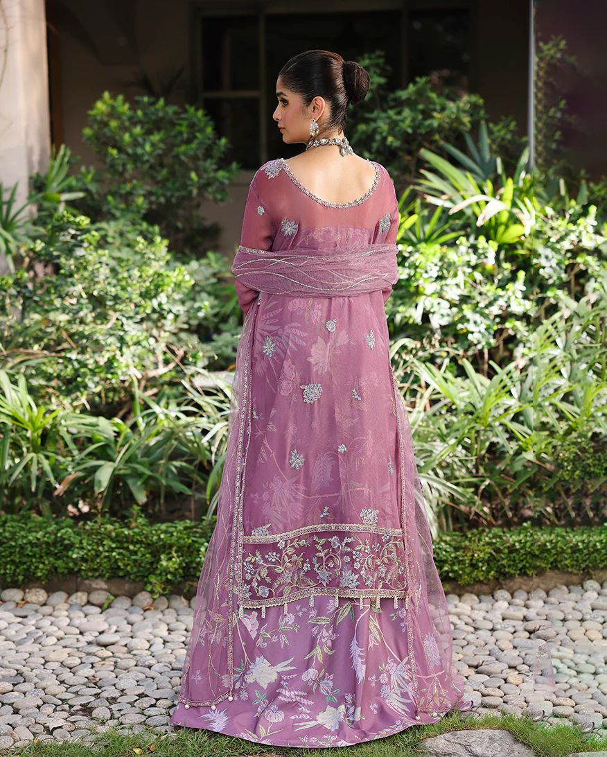 Arooj 3pc Embroidered Chiffon Suit with Net Dupatta & Printed Lehenga – Ready to Wear
