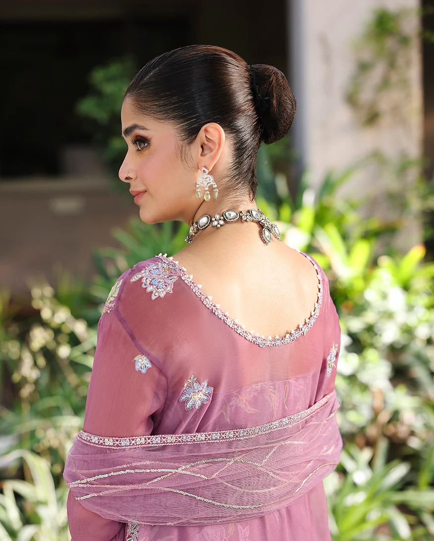 Arooj 3pc Embroidered Chiffon Suit with Net Dupatta & Printed Lehenga – Ready to Wear