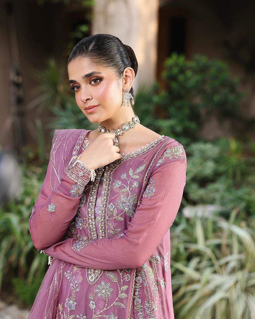 Arooj 3pc Embroidered Chiffon Suit with Net Dupatta & Printed Lehenga – Ready to Wear