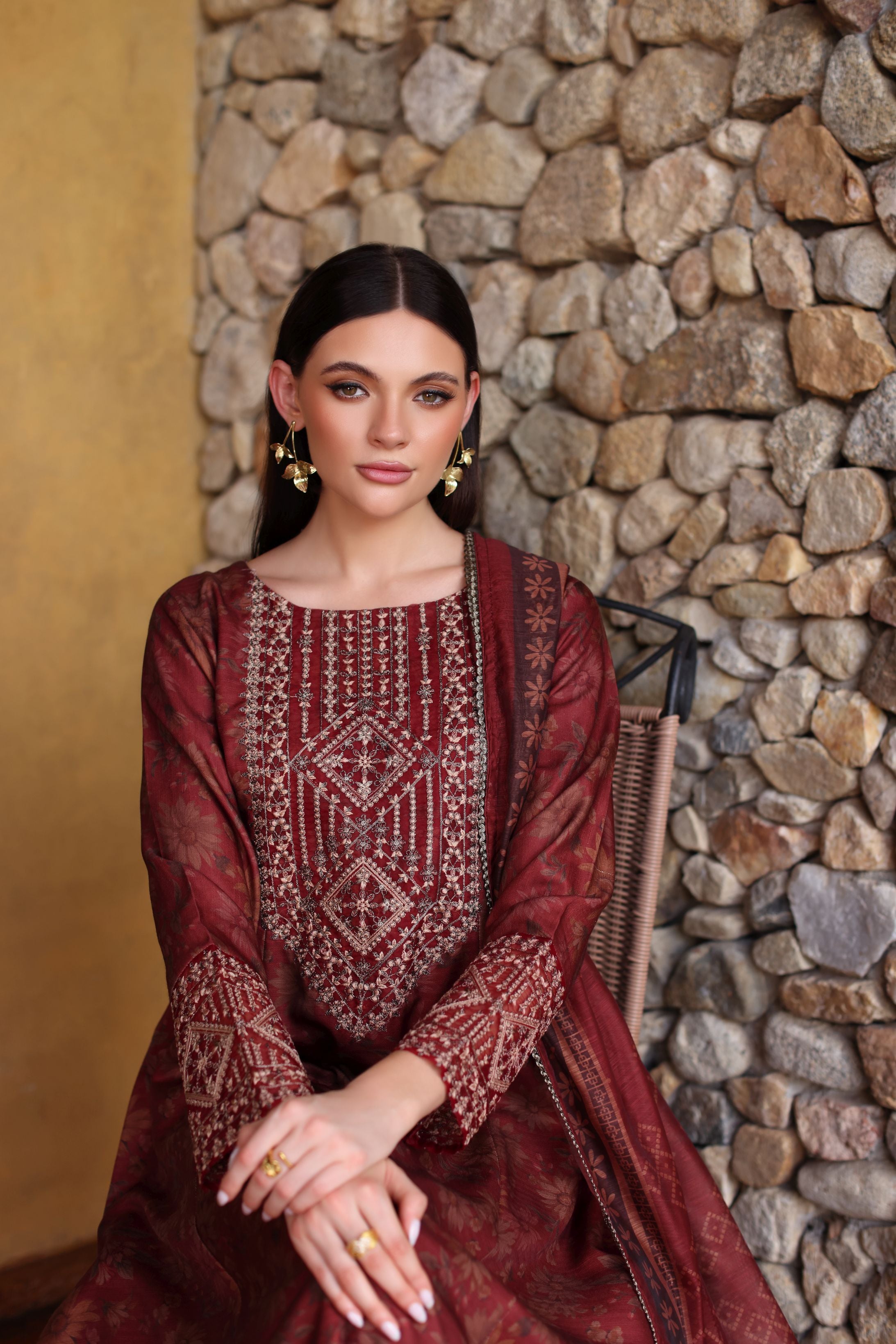 Serene by Mohagni Rust Maroon Khaddar 3Pc Winter Suit SBM7