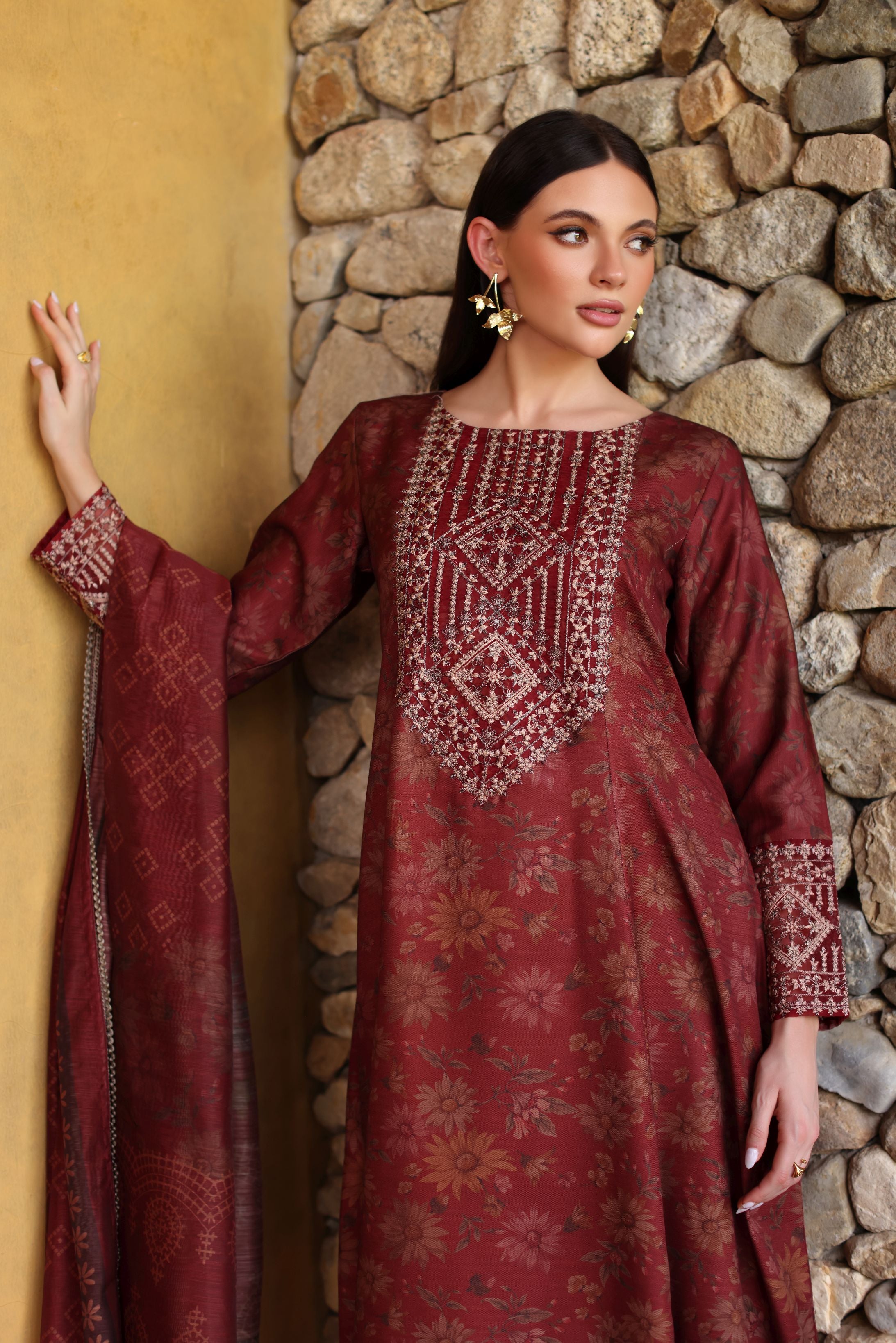 Serene by Mohagni Rust Maroon Khaddar 3Pc Winter Suit SBM7