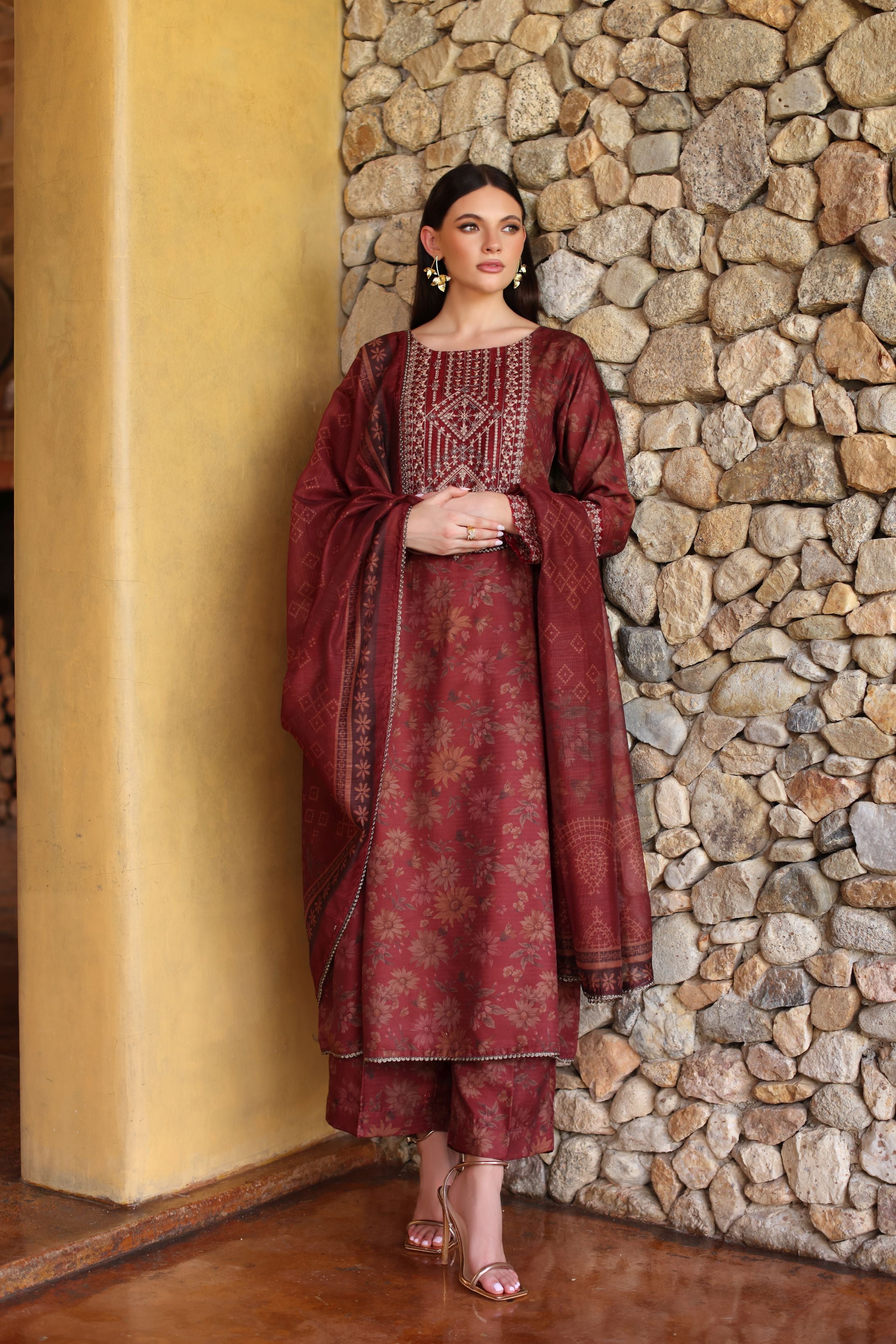 Serene by Mohagni Rust Maroon Khaddar 3Pc Winter Suit SBM7