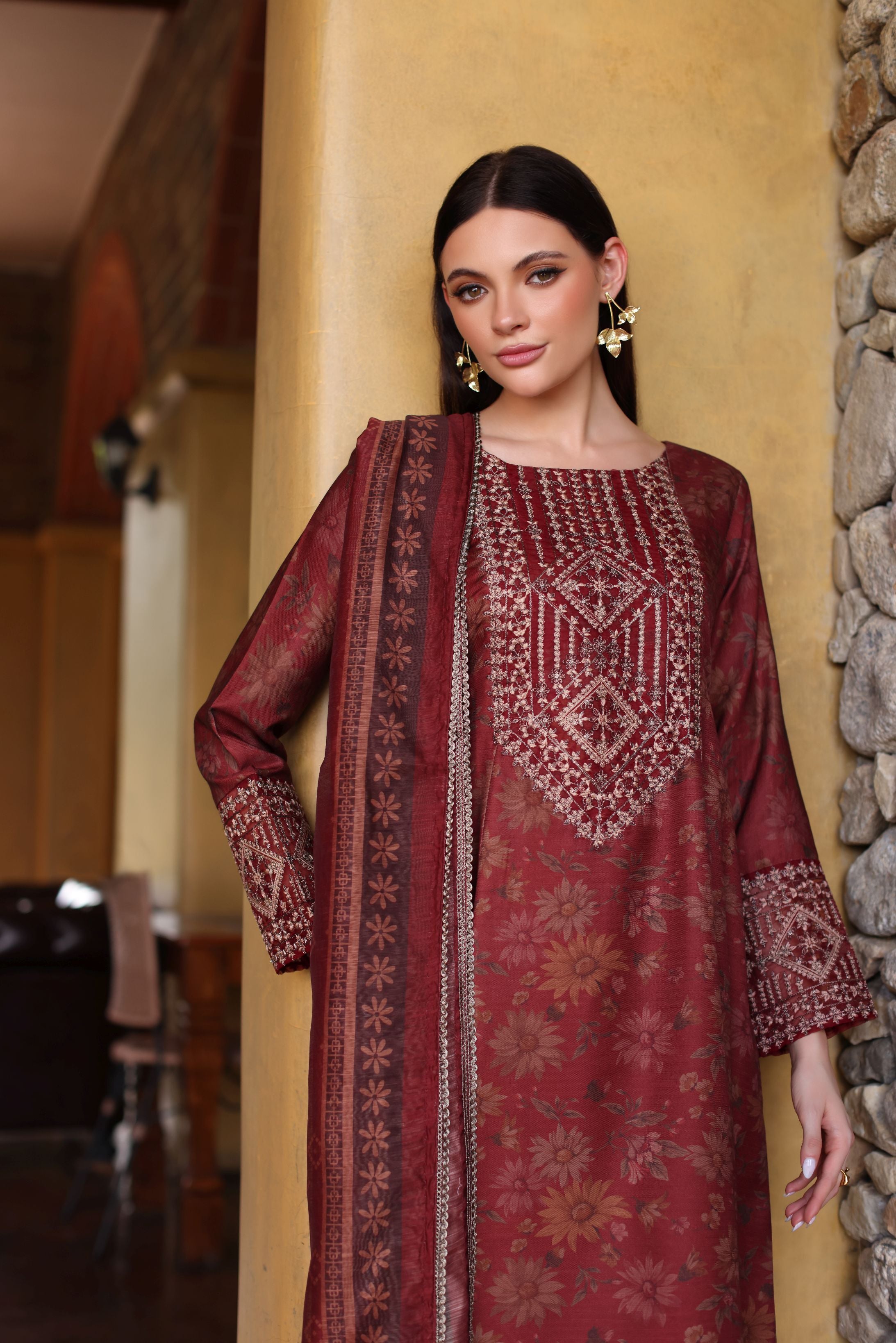 Serene by Mohagni Rust Maroon Khaddar 3Pc Winter Suit SBM7