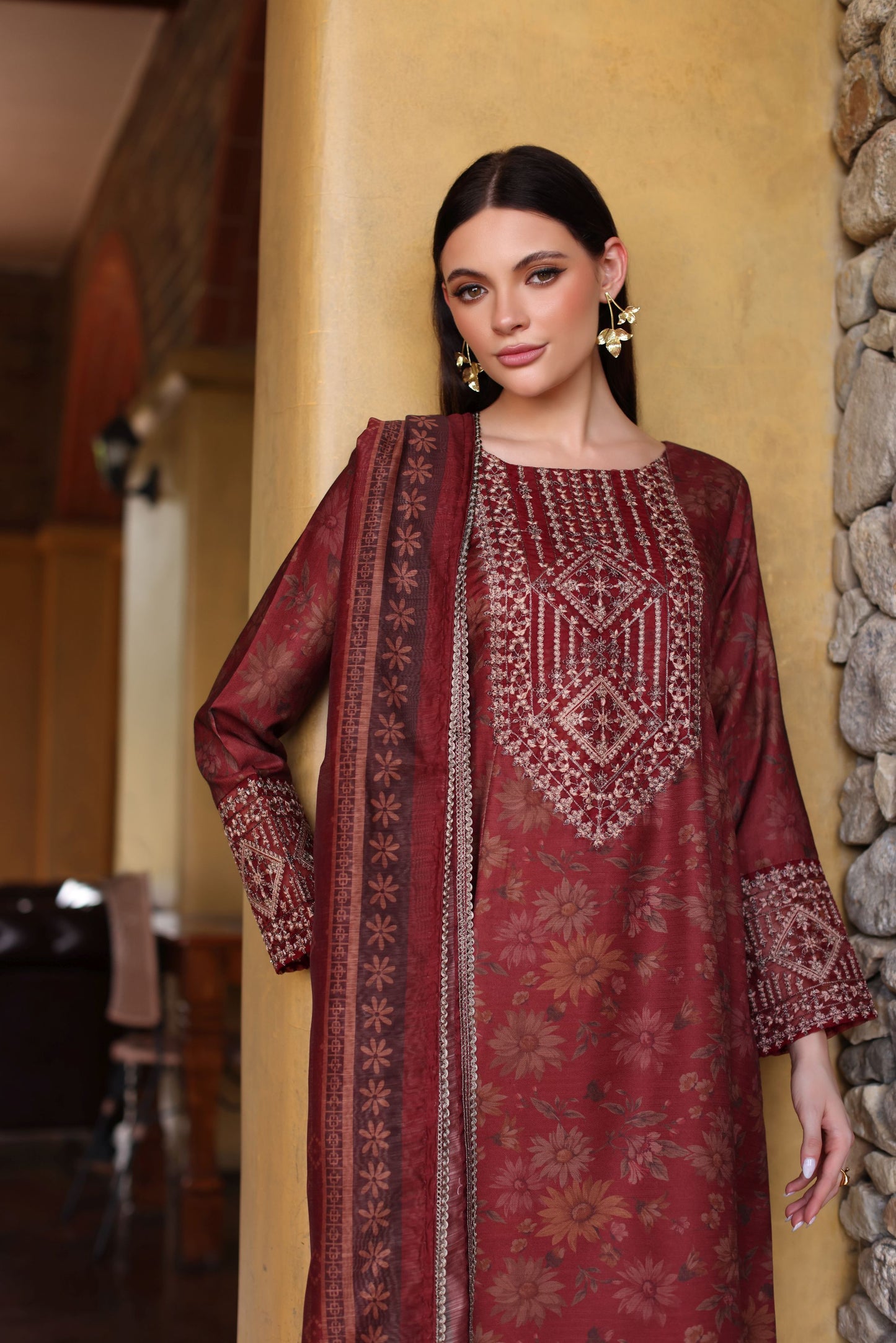 Serene by Mohagni Rust Maroon Khaddar 3Pc Winter Suit SBM7
