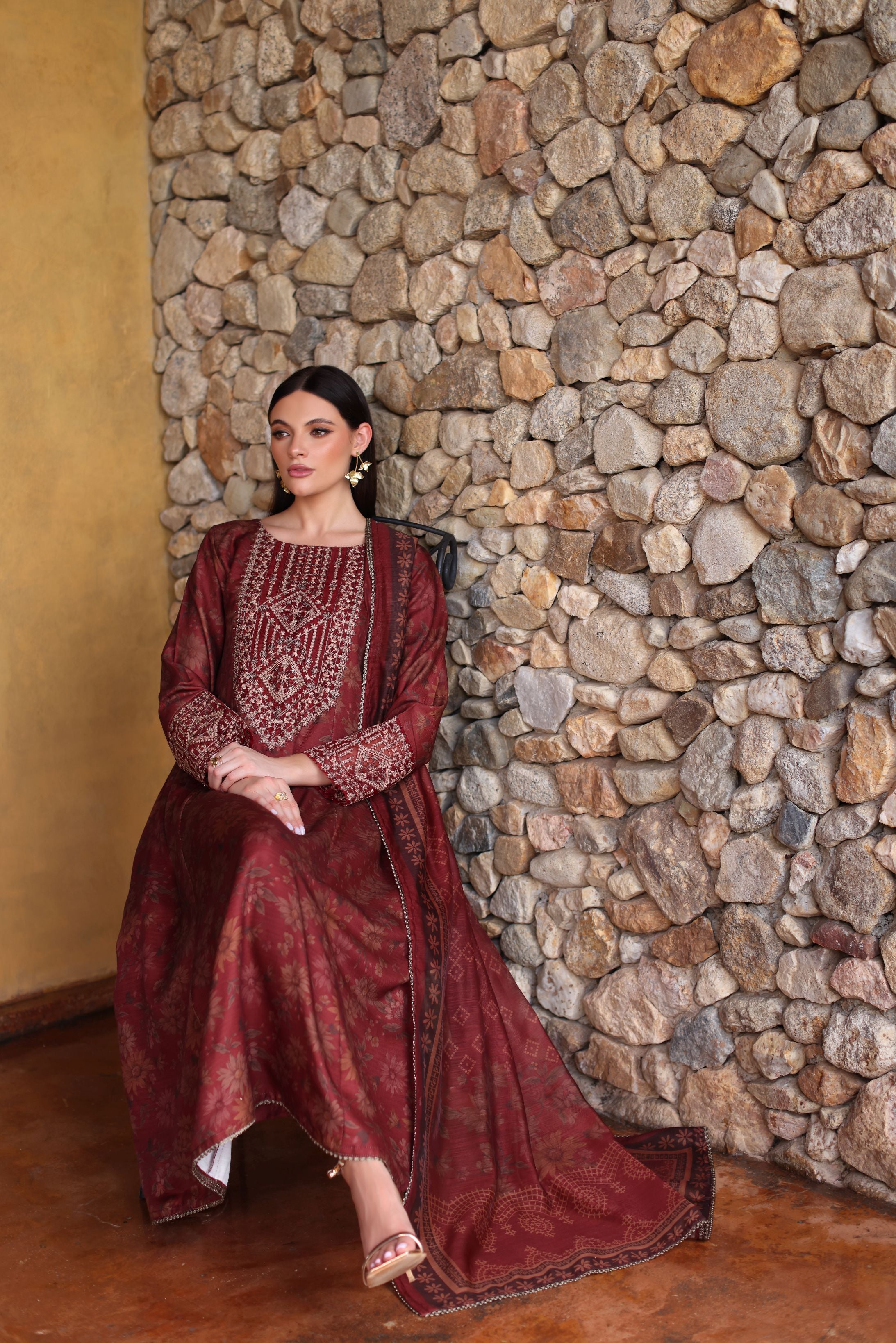Serene by Mohagni Rust Maroon Khaddar 3Pc Winter Suit SBM7