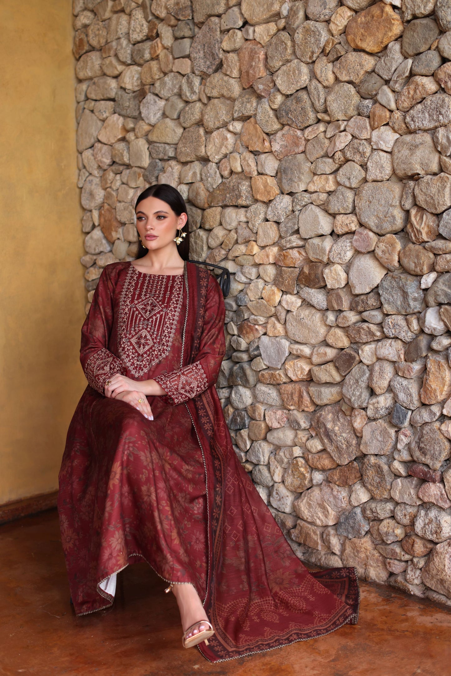 Serene by Mohagni Rust Maroon Khaddar 3Pc Winter Suit SBM7