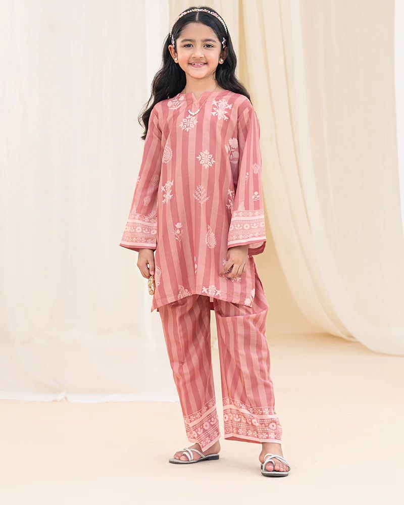 Mona Pretty Prints Girls 2pc Poly Raw Silk Co-ord Set Dusty Pink Printed KDDR10