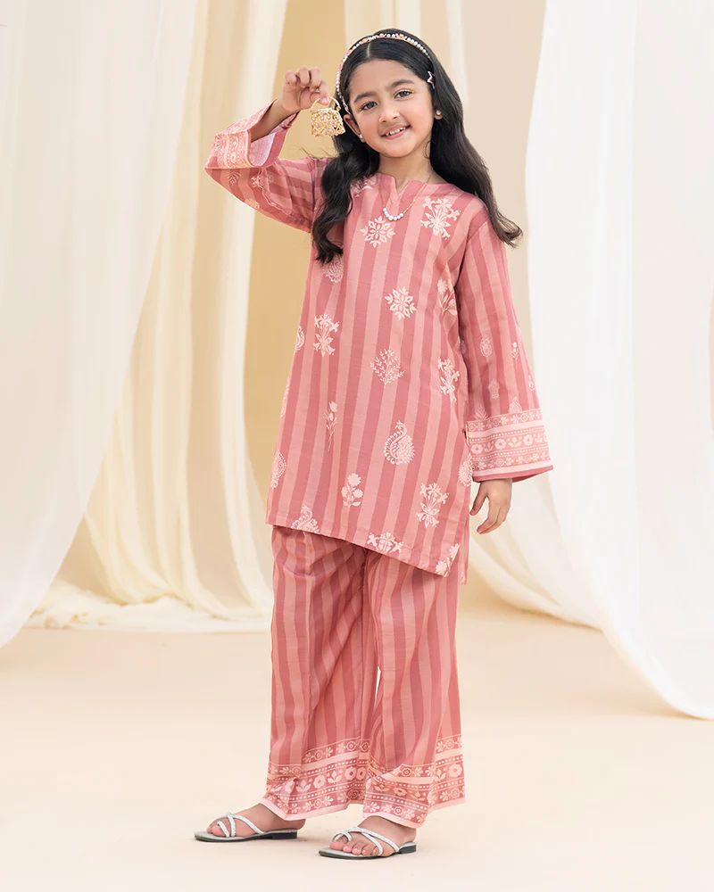 Mona Pretty Prints Girls 2pc Poly Raw Silk Co-ord Set Dusty Pink Printed KDDR10