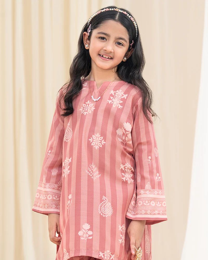Mona Pretty Prints Girls 2pc Poly Raw Silk Co-ord Set Dusty Pink Printed KDDR10