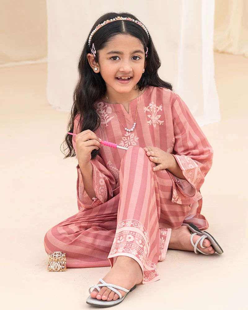 Mona Pretty Prints Girls 2pc Poly Raw Silk Co-ord Set Dusty Pink Printed KDDR10