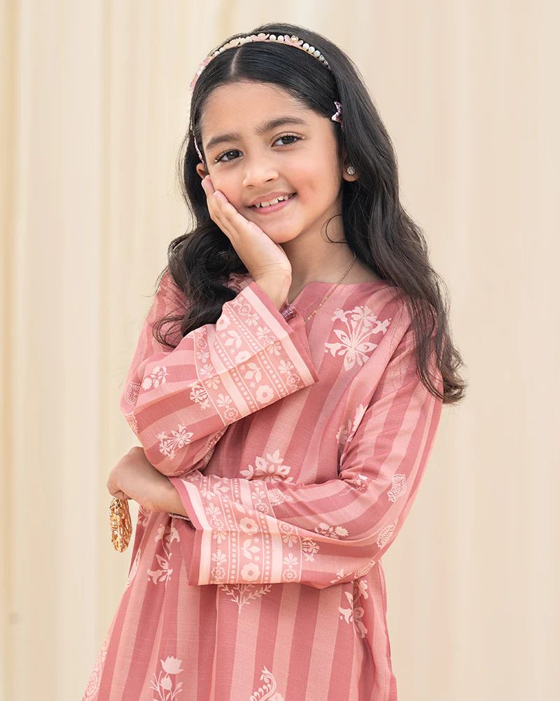 Mona Pretty Prints Girls 2pc Poly Raw Silk Co-ord Set Dusty Pink Printed KDDR10