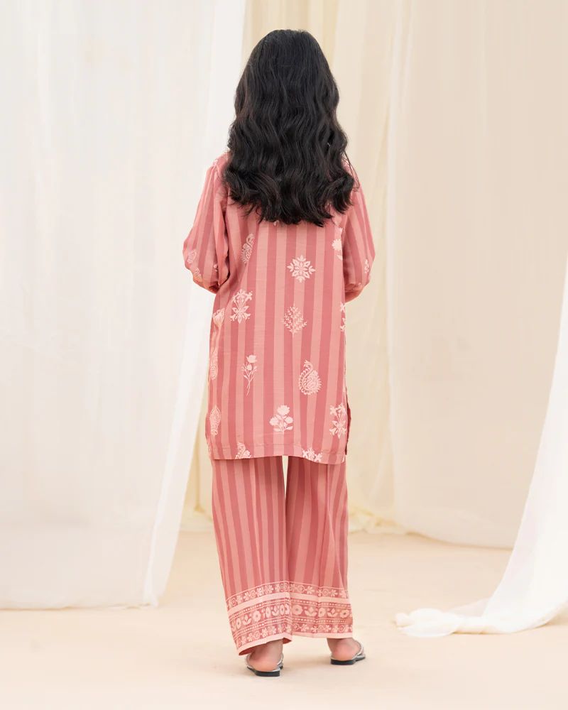 Mona Pretty Prints Girls 2pc Poly Raw Silk Co-ord Set Dusty Pink Printed KDDR10