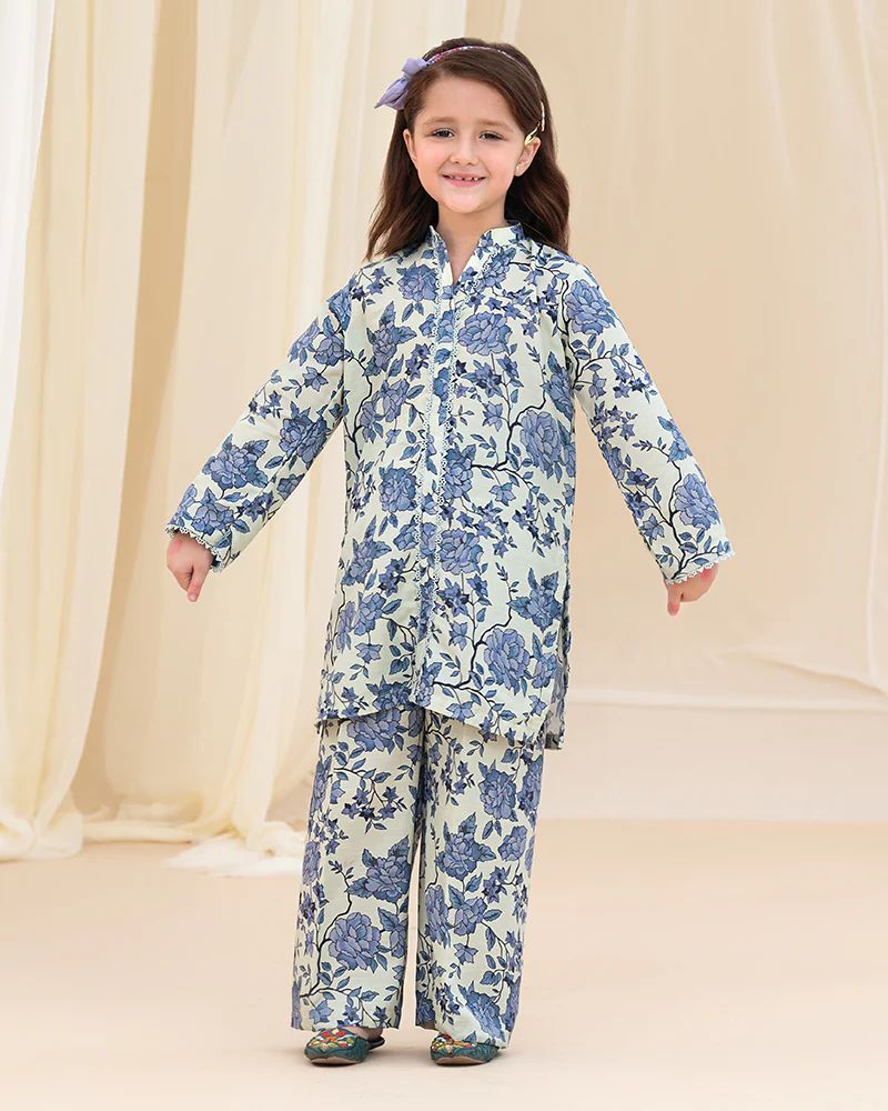 Mona Pretty Prints Girls 2pc Poly Raw Silk Co-ord Set – Blue Floral KDDR2