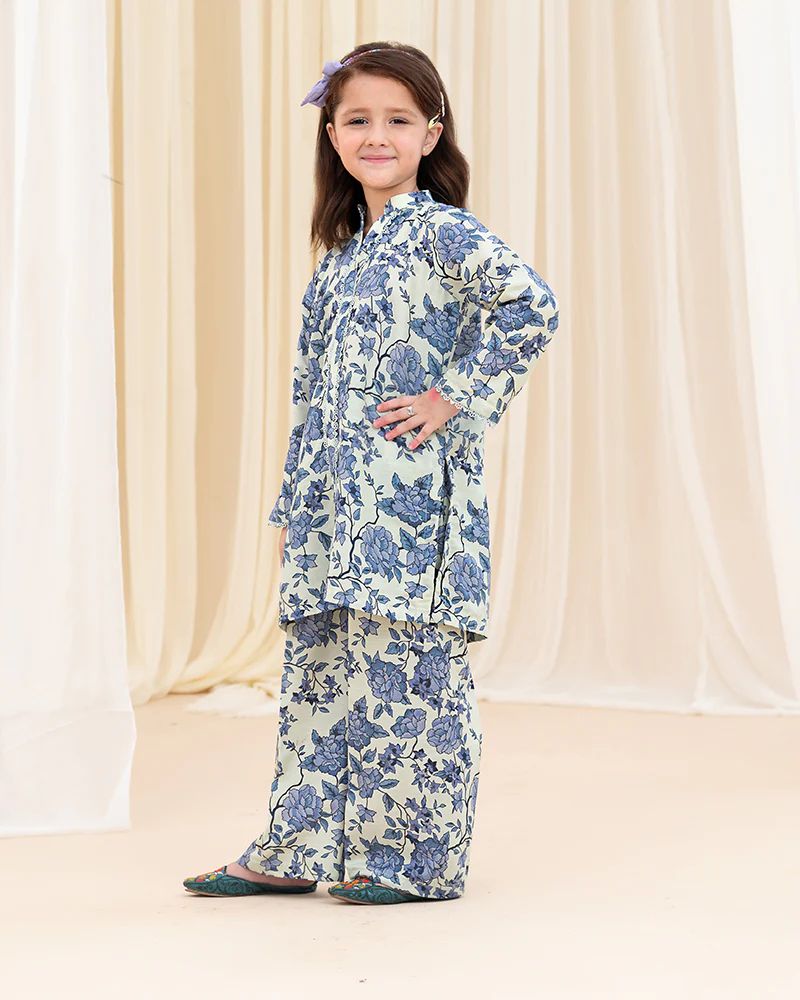 Mona Pretty Prints Girls 2pc Poly Raw Silk Co-ord Set – Blue Floral KDDR2
