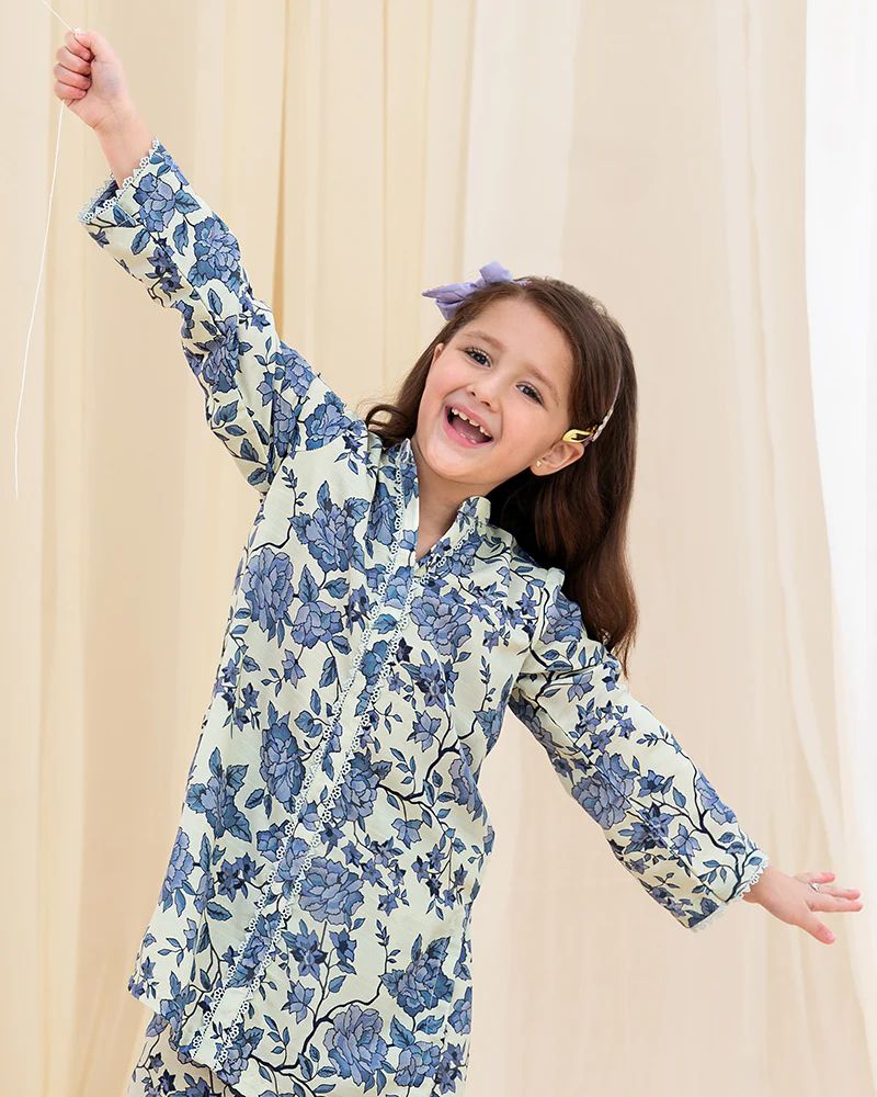 Mona Pretty Prints Girls 2pc Poly Raw Silk Co-ord Set – Blue Floral KDDR2
