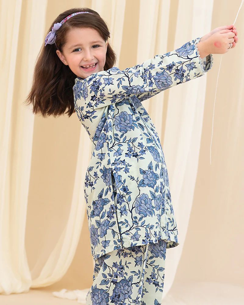 Mona Pretty Prints Girls 2pc Poly Raw Silk Co-ord Set – Blue Floral KDDR2
