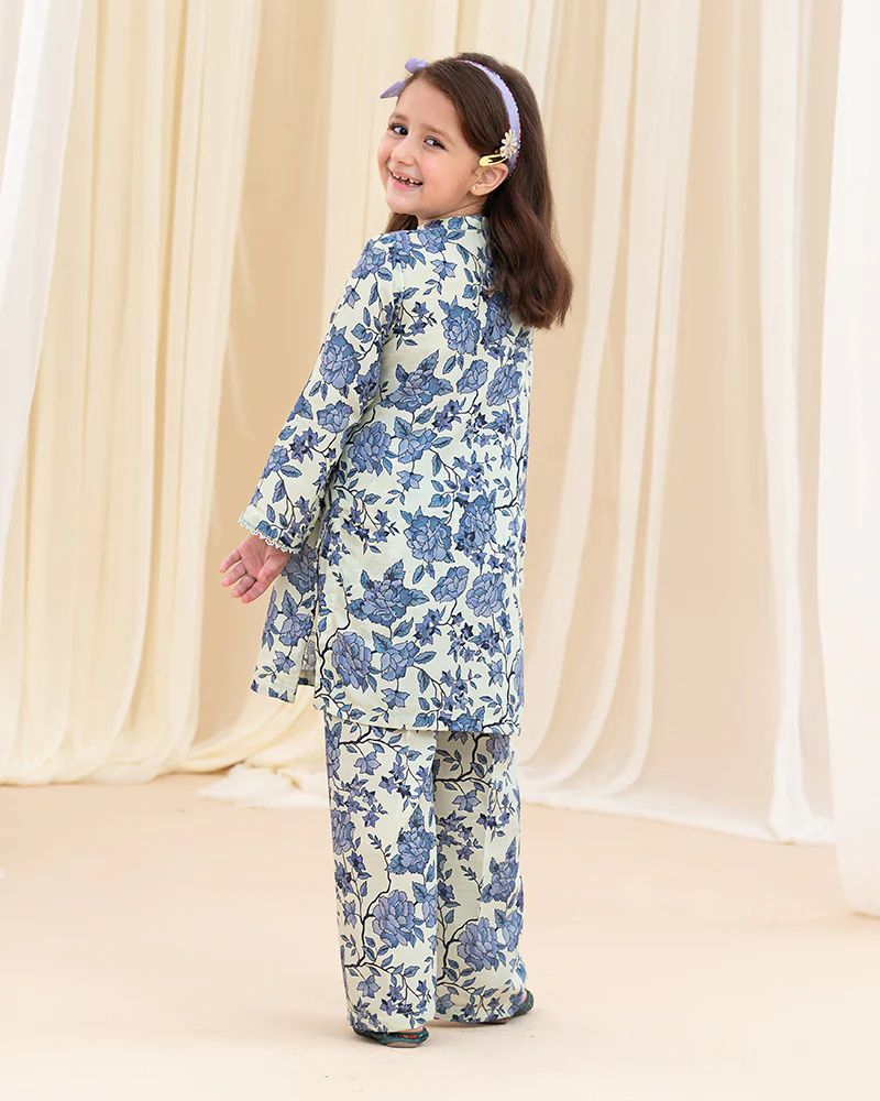 Mona Pretty Prints Girls 2pc Poly Raw Silk Co-ord Set – Blue Floral KDDR2