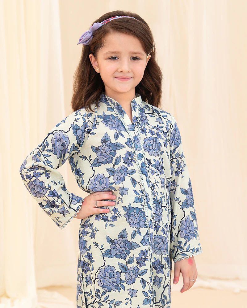 Mona Pretty Prints Girls 2pc Poly Raw Silk Co-ord Set – Blue Floral KDDR2