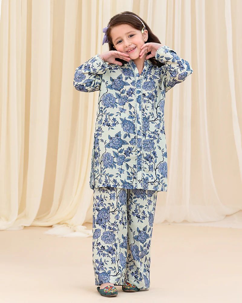 Mona Pretty Prints Girls 2pc Poly Raw Silk Co-ord Set – Blue Floral KDDR2