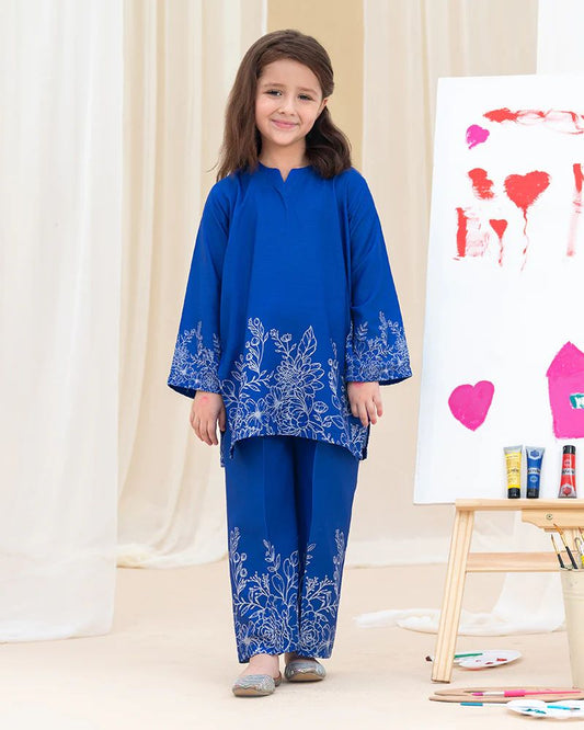 Mona Pretty Prints Girls 2pc Poly Raw Silk Co-ord Set Royal Blue Embroidered KDDR4