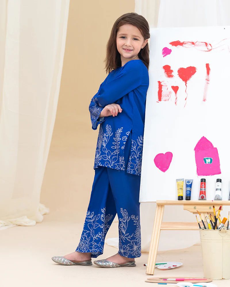 Mona Pretty Prints Girls 2pc Poly Raw Silk Co-ord Set Royal Blue Printed KDDR4