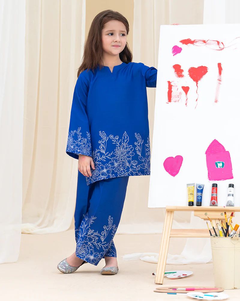 Mona Pretty Prints Girls 2pc Poly Raw Silk Co-ord Set Royal Blue Printed KDDR4