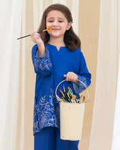 Mona Pretty Prints Girls 2pc Poly Raw Silk Co-ord Set Royal Blue Embroidered KDDR4
