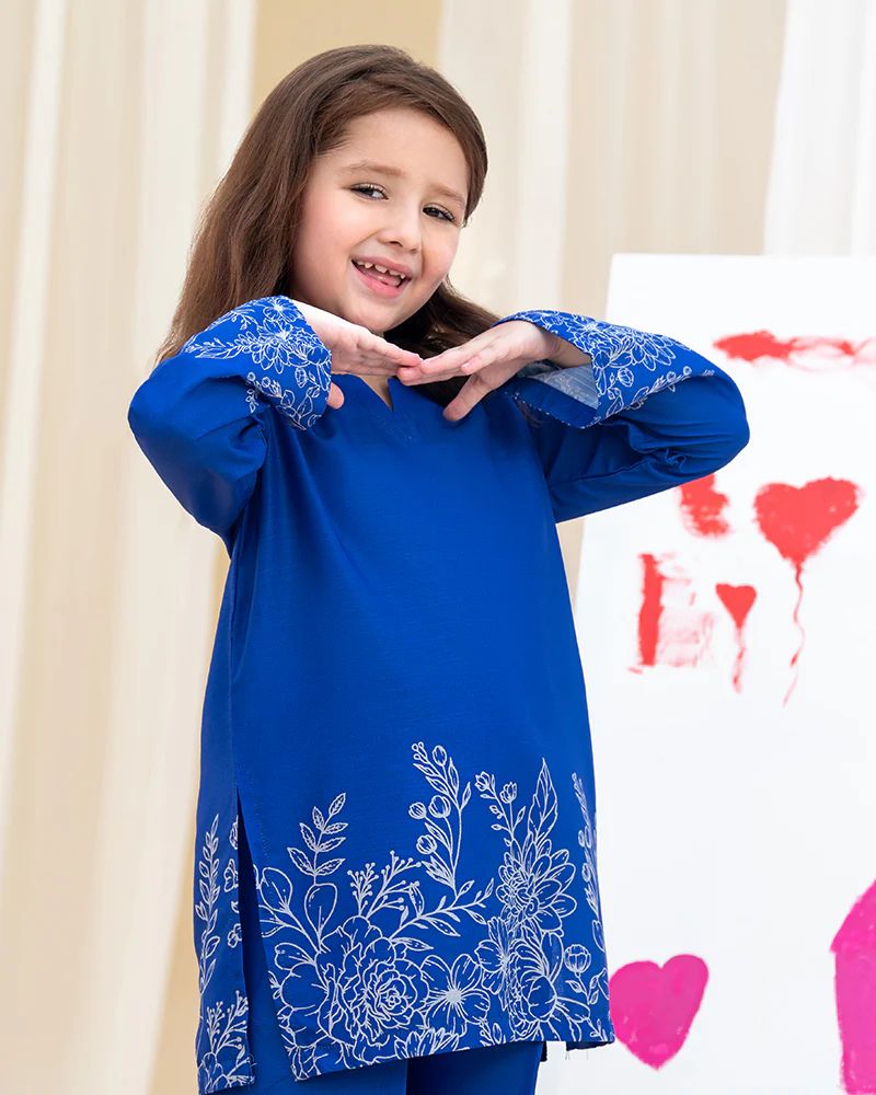 Mona Pretty Prints Girls 2pc Poly Raw Silk Co-ord Set Royal Blue Printed KDDR4