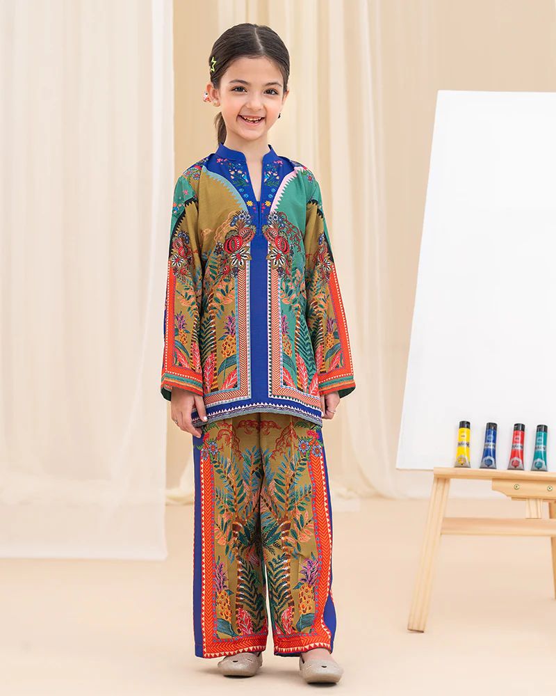 Mona Pretty Prints Girls 2pc Poly Raw Silk Co-ord Set Multi Colour Printed KDDR5