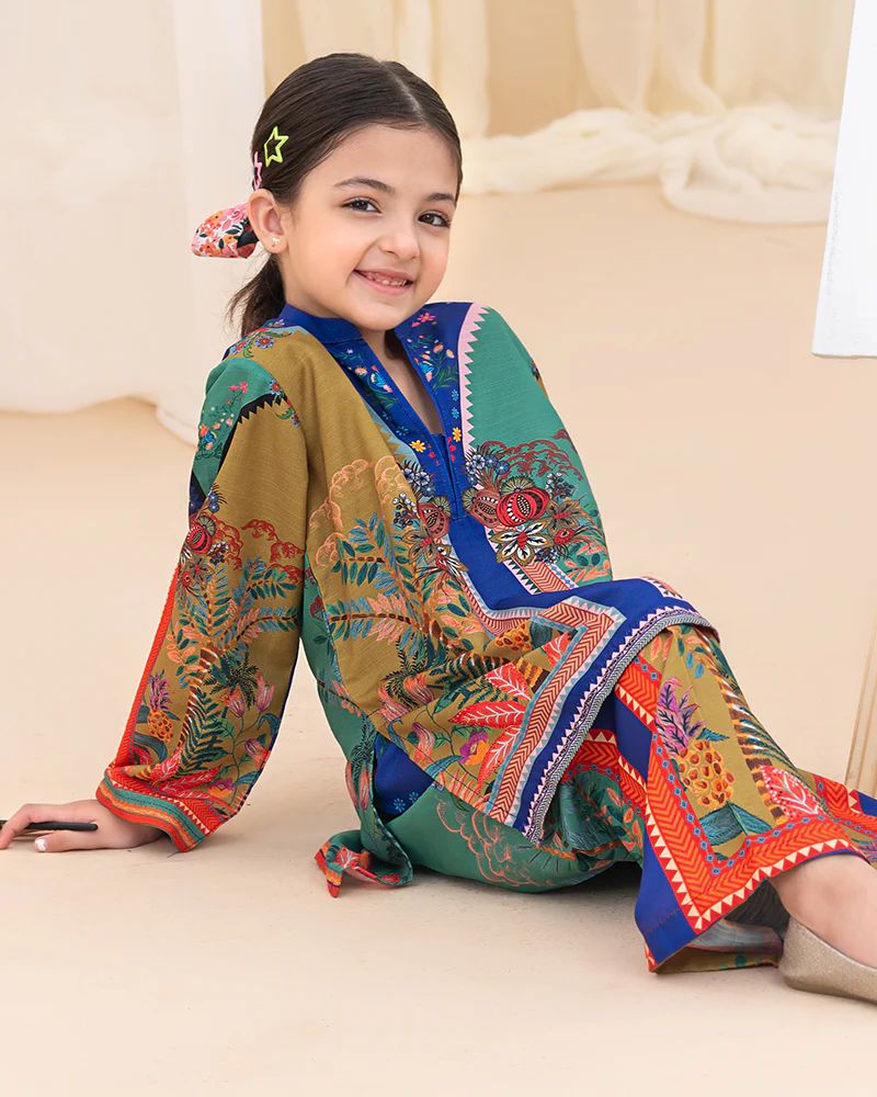 Mona Pretty Prints Girls 2pc Poly Raw Silk Co-ord Set Multi Colour Printed KDDR5