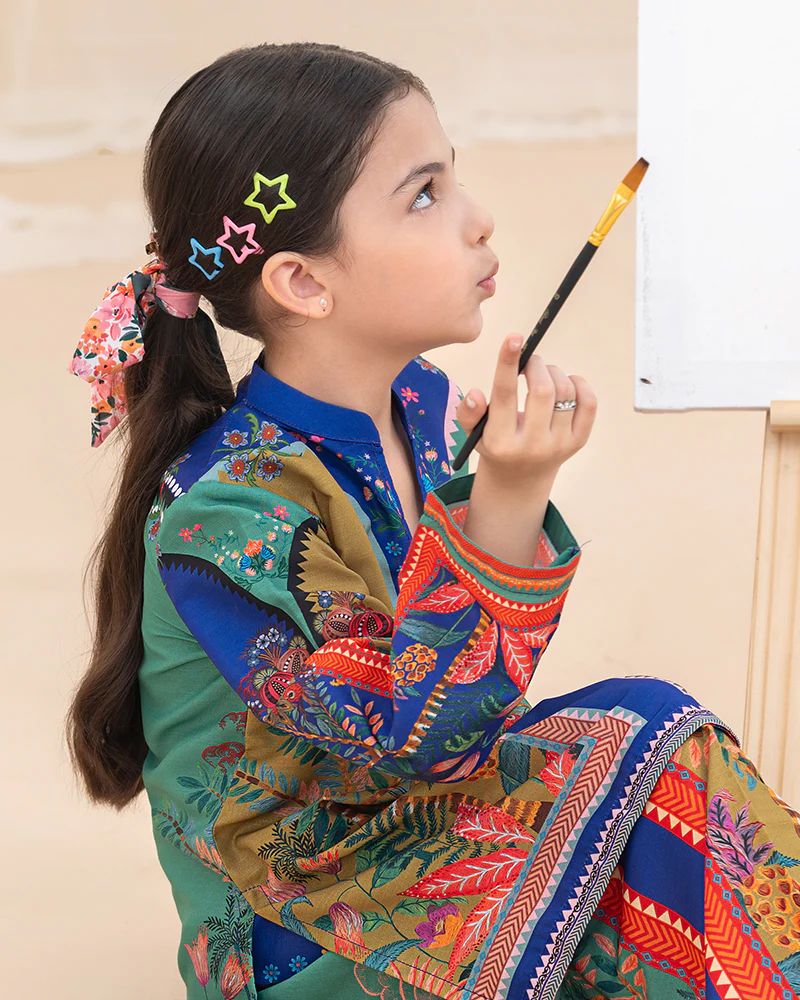 Mona Pretty Prints Girls 2pc Poly Raw Silk Co-ord Set Multi Colour Printed KDDR5