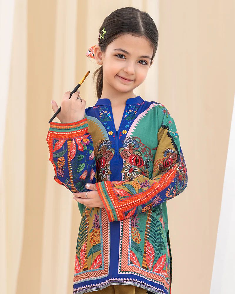 Mona Pretty Prints Girls 2pc Poly Raw Silk Co-ord Set Multi Colour Printed KDDR5