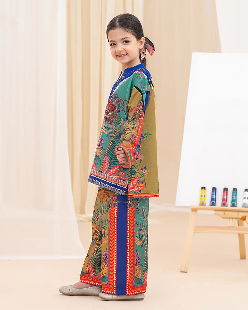 Mona Pretty Prints Girls 2pc Poly Raw Silk Co-ord Set Multi Colour Printed KDDR5
