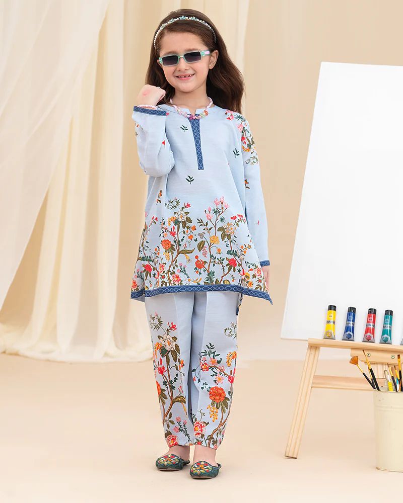 Mona Pretty Prints Girls 2pc Poly Raw Silk Co-ord Set Light Blue Floral Printed KDDR6