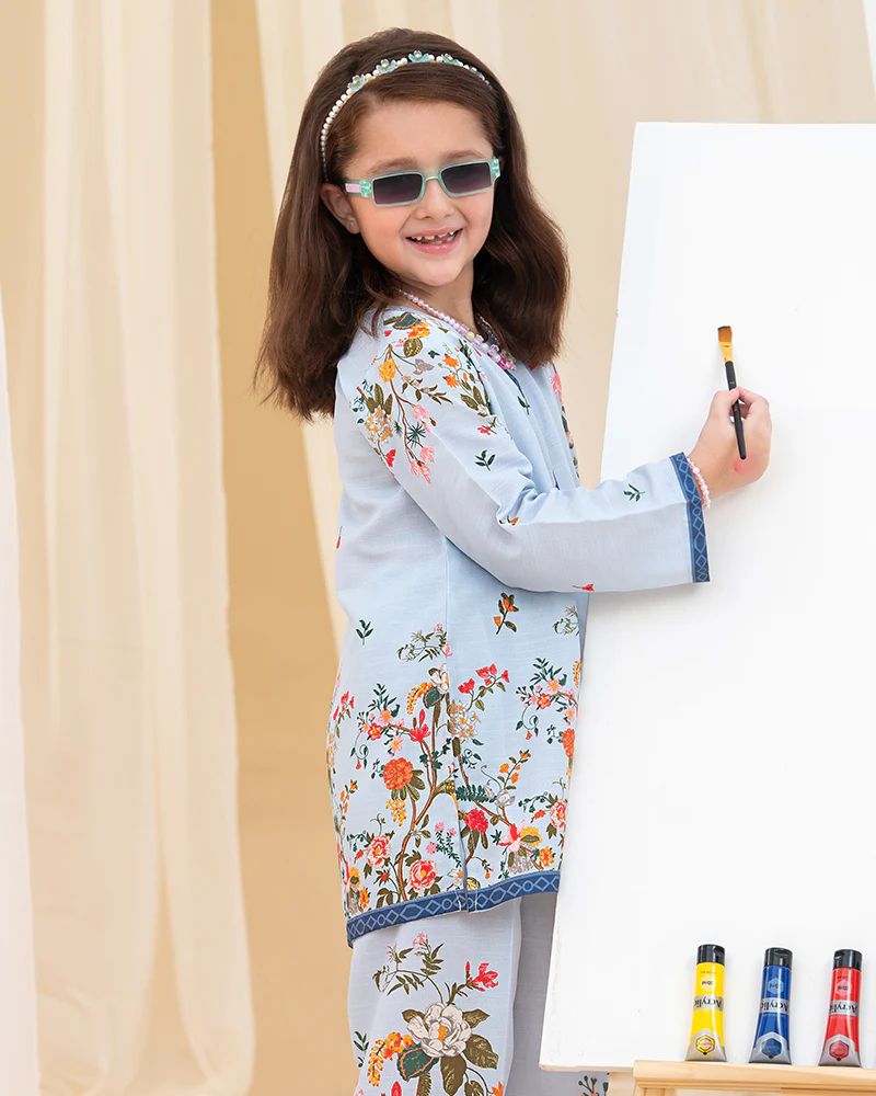 Mona Pretty Prints Girls 2pc Poly Raw Silk Co-ord Set Light Blue Floral Printed KDDR6