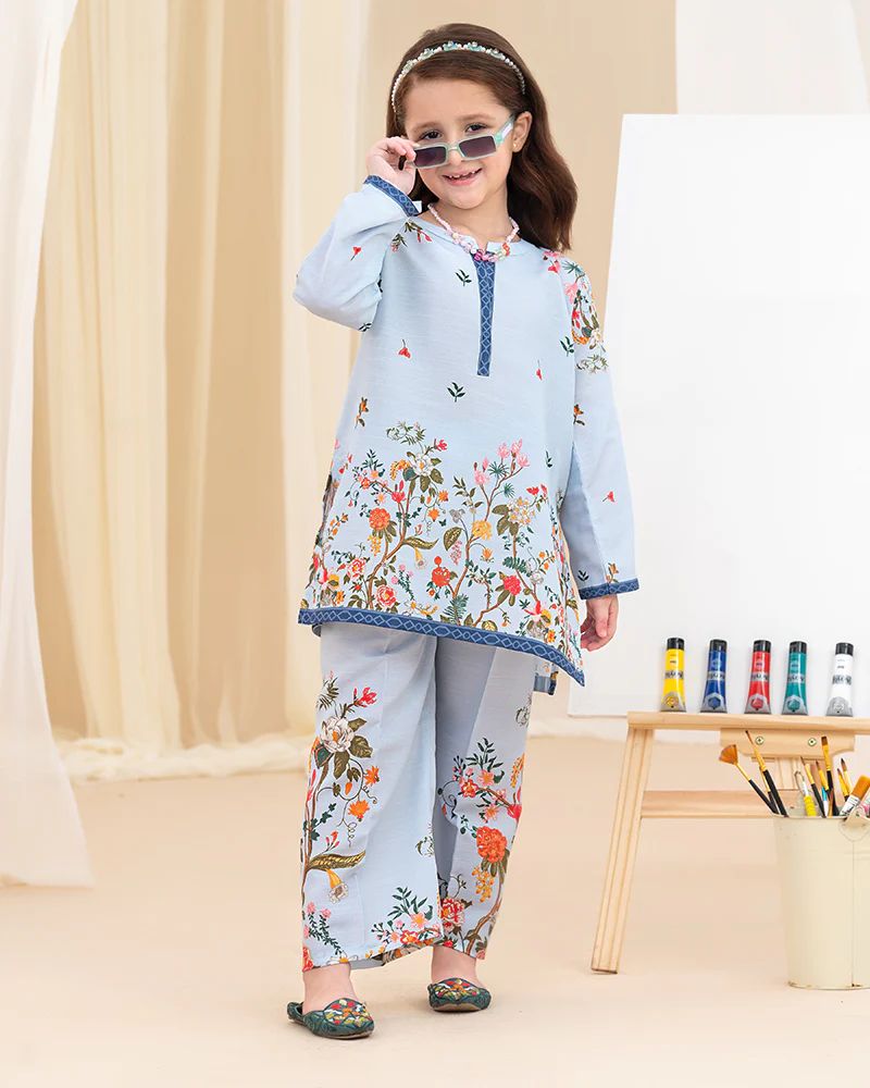 Mona Pretty Prints Girls 2pc Poly Raw Silk Co-ord Set Light Blue Floral Printed KDDR6
